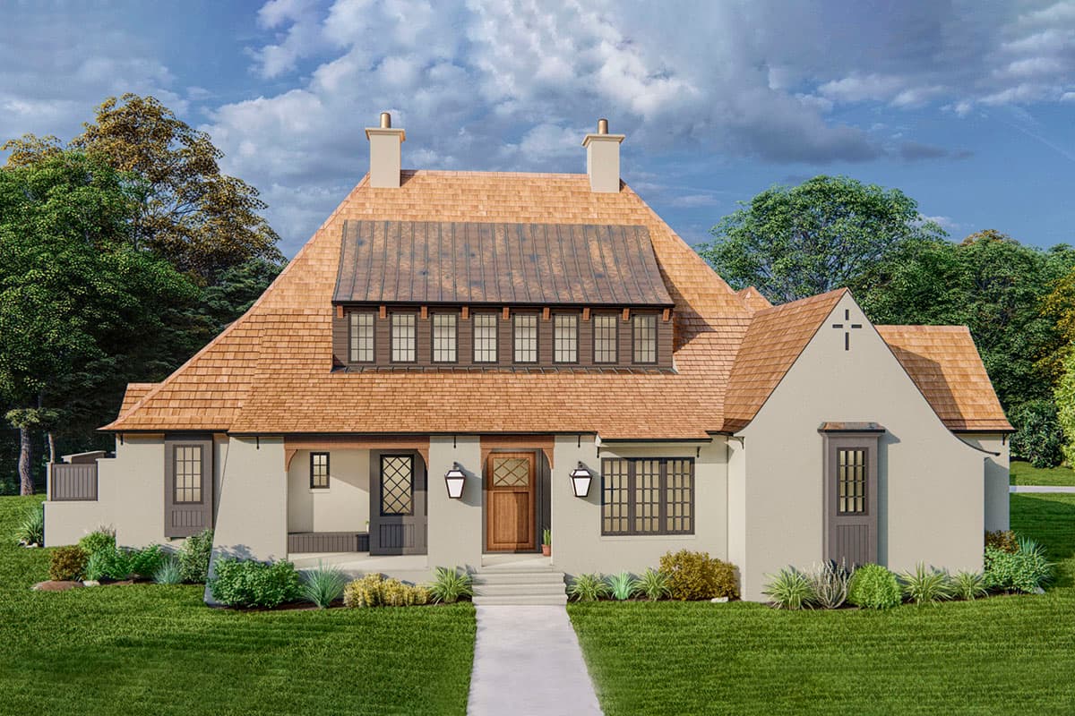 House plan exterior featuring a two-story Tudor style with a steeply pitched, shake shingle roof, dormers, and gabled entry.