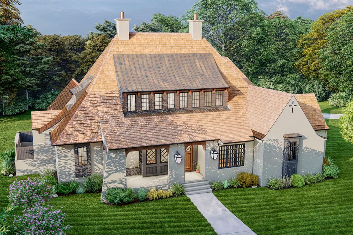 House plan exterior, two stories, multi-level rooflines with dormers, prominent gables, and covered front porch.