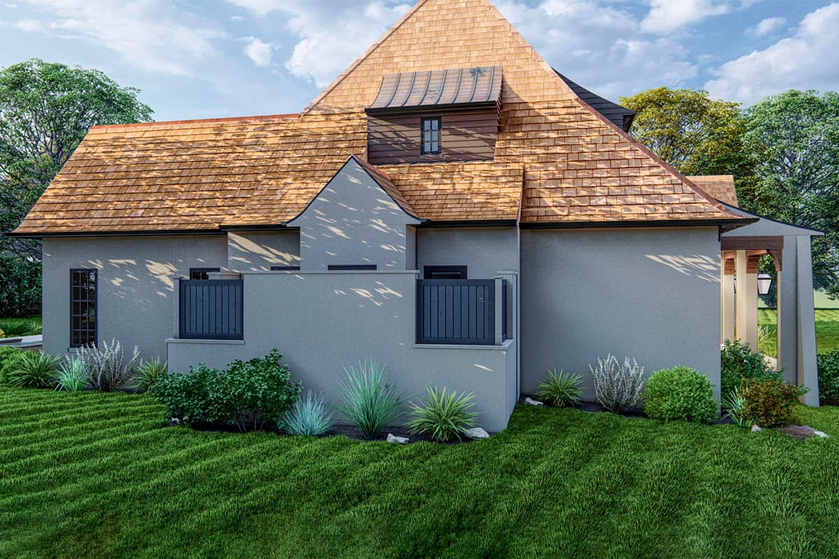 House plan exterior view with a multi-gabled roof, wood shake shingles, stucco walls, dormer, and covered porch.