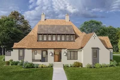 Contemporary European Home Plan with Outdoor Shower and Rear Garage
