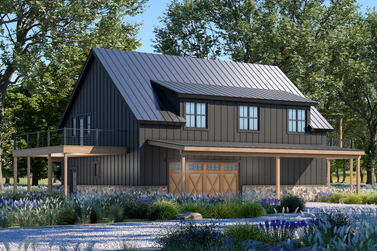 Modern Farmhouse house plan exterior with vertical siding, metal roof, porch, deck, and attached garage.