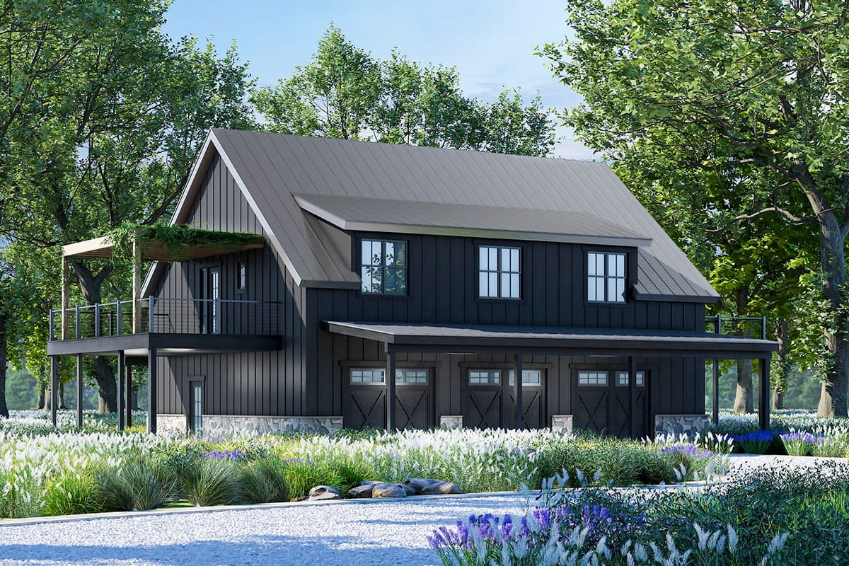 Modern Farmhouse house plan exterior with a dark vertical board and batten siding, metal roof, upper balcony, and three-car garage.