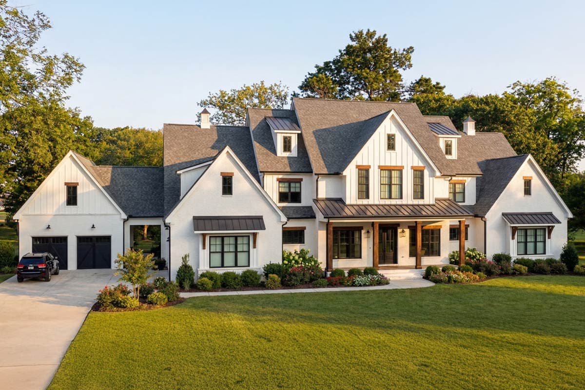 A large, modern farmhouse with white brick exterior, dark trim, and a manicured lawn. A black SUV sits in the driveway.