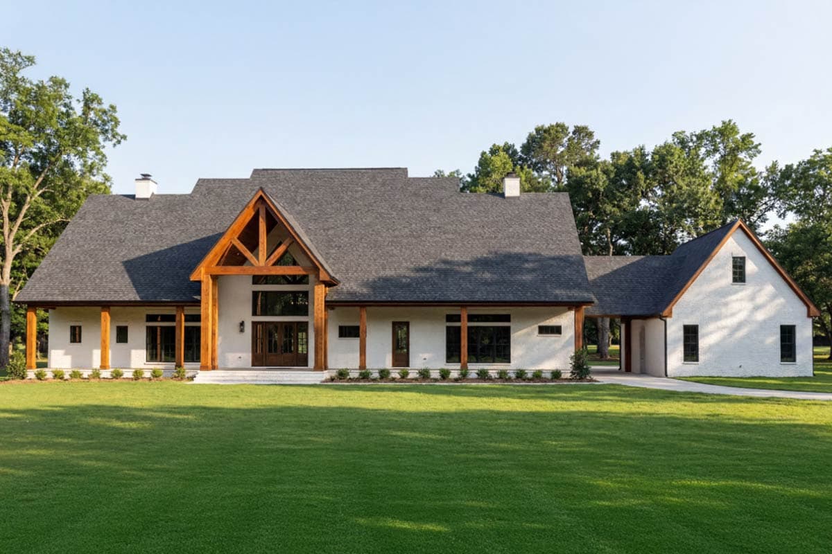 House plan exterior: Modern Farmhouse style, one story, white brick, large timber-framed entry, covered porches, and gabled dormers.