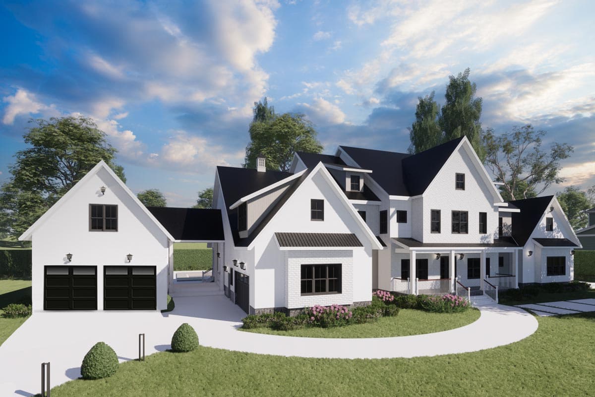 Modern Farmhouse house plan exterior with a two-car garage, gables, dormers, and a wraparound porch.