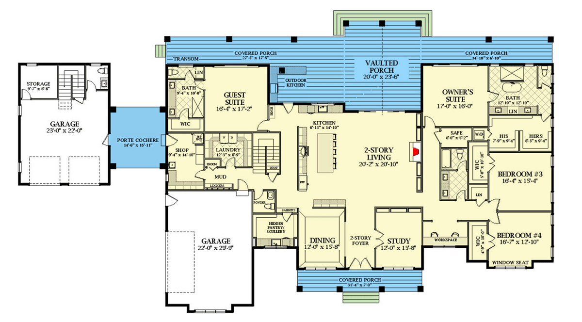 Plan 46482LA: Exclusive Modern Farmhouse Plan with Large Vaulted Porch and Porte-Cochere - Floor Plan - Main Level - Country, Modern Farmhouse, New American, Traditional
