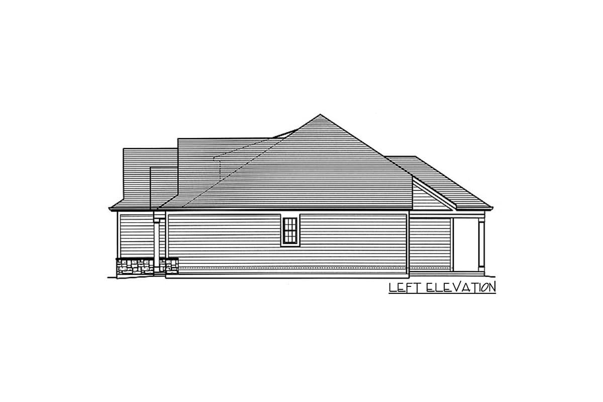 Left elevation drawing of a one-story house plan with gabled roof, horizontal siding, and a covered entrance.