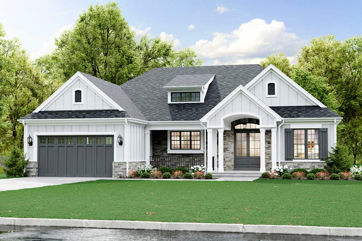 House plan exterior. Modern Farmhouse style, one-story. Features include a front-entry porch, gabled roof, and attached garage.