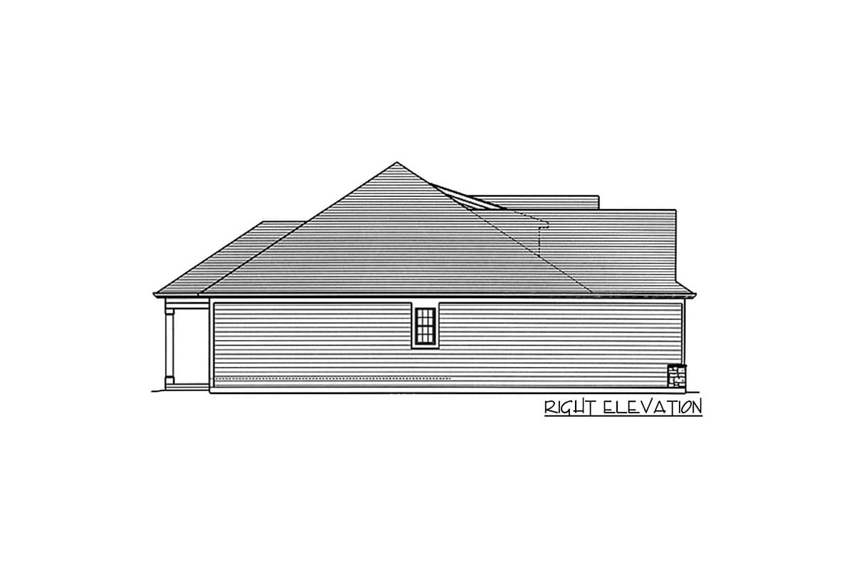 Right elevation house plan showing a prominent gable roofline, horizontal siding, a single window, and a visible support column.