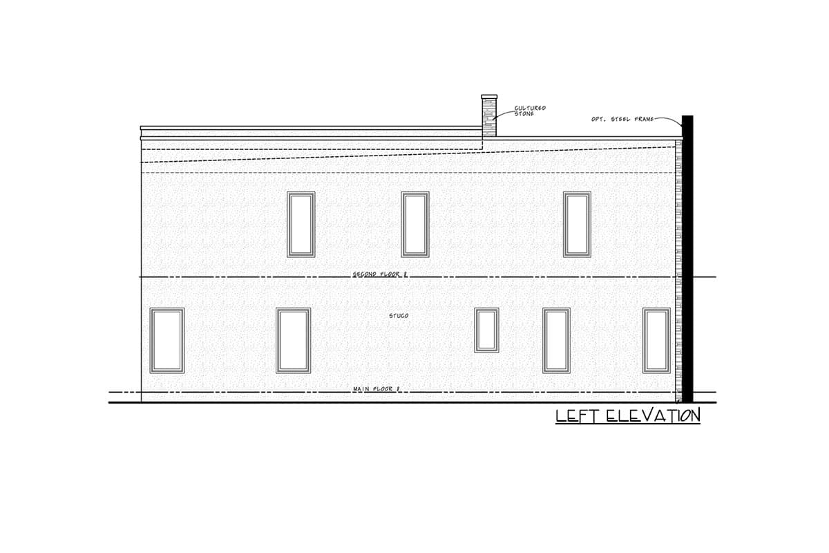 Left elevation drawing of a two-story stucco house with rectangular windows and cultured stone chimney.