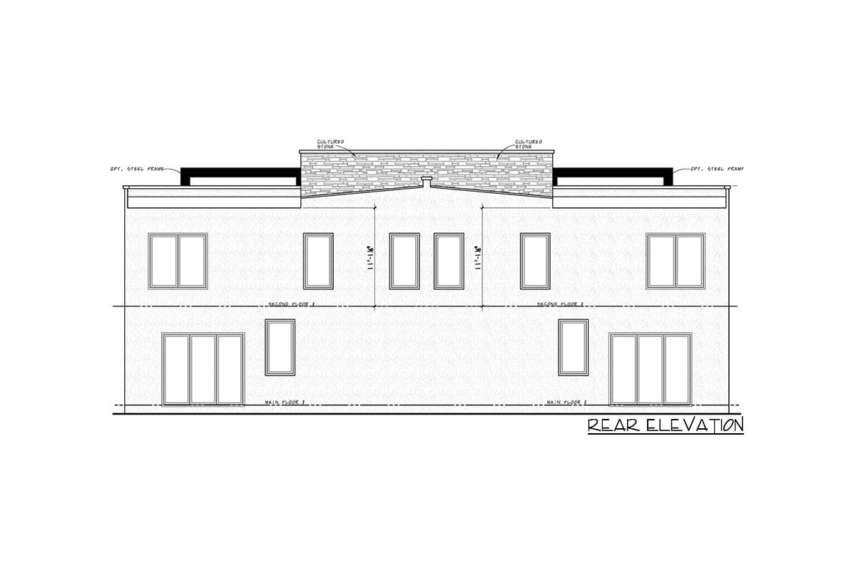 Rear elevation drawing of a two-story house with cultured stone accents, multiple windows, and sliding doors.