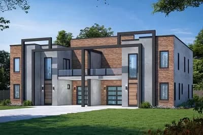 2-Story Modern Duplex Home Plan with 1-Car Garage and a Carport with Balcony Above