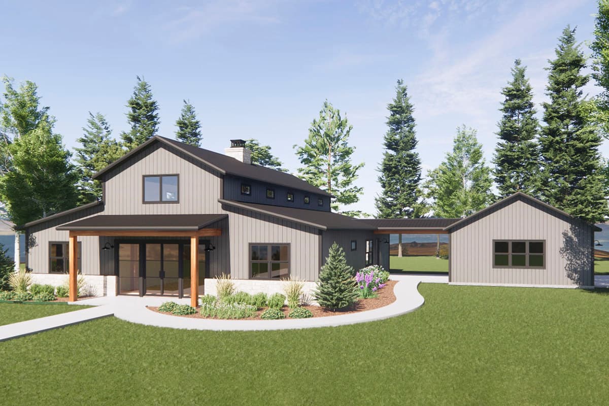 House plan exterior: Modern farmhouse style, two stories, with a covered entrance, gables, dormers, and attached garage.