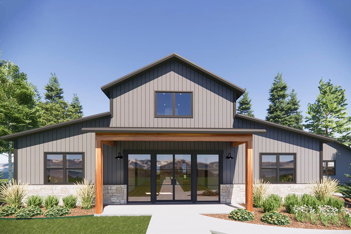 Plan 818038JSS: 2500 Square Foot Barndo-Style House Plan with 2-Side Fireplace in the Vaulted Interior - Image #4 - Barndominium, Country, Farmhouse, Modern Farmhouse, Rustic, Transitional