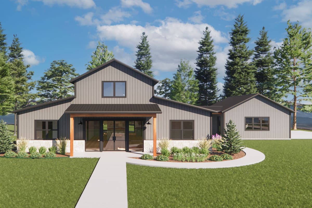 House plan exterior with two stories and board-and-batten siding. Features include a front porch, shed roof, and multiple gables.