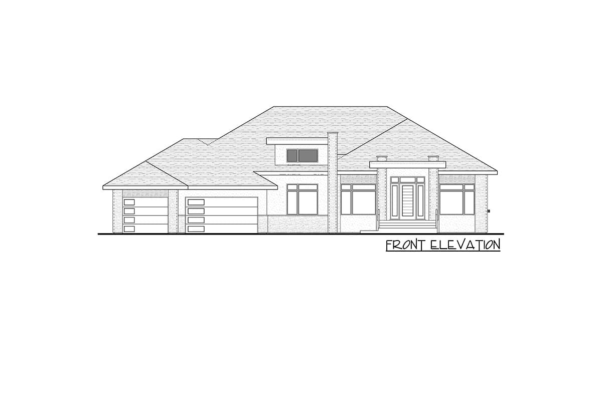 Front elevation drawing of a modern house plan featuring a multi-level roof, recessed entry, and a four-car garage.