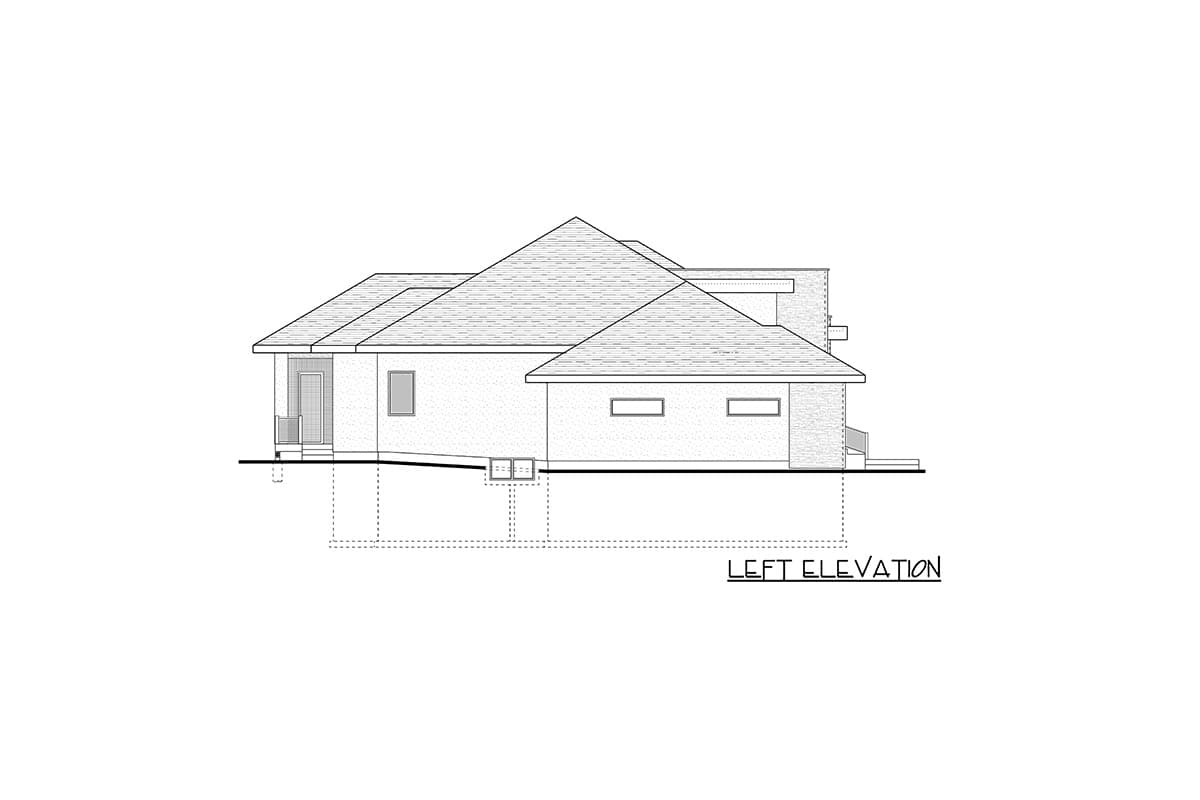 Left elevation drawing of a single-story house plan with varied rooflines and a prominent gable.