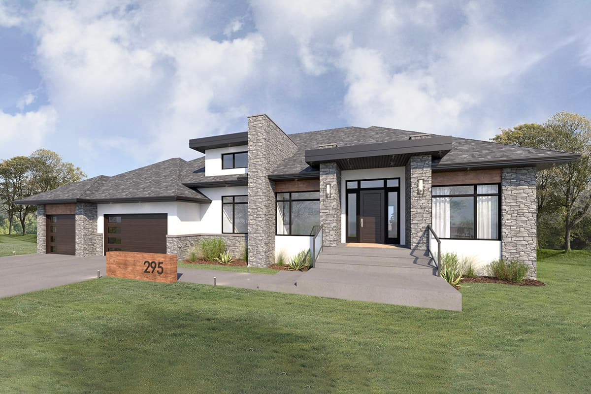 Modern house plan exterior with stone accents, a two-car garage, and a covered entry with steps. Features a flat roofline.