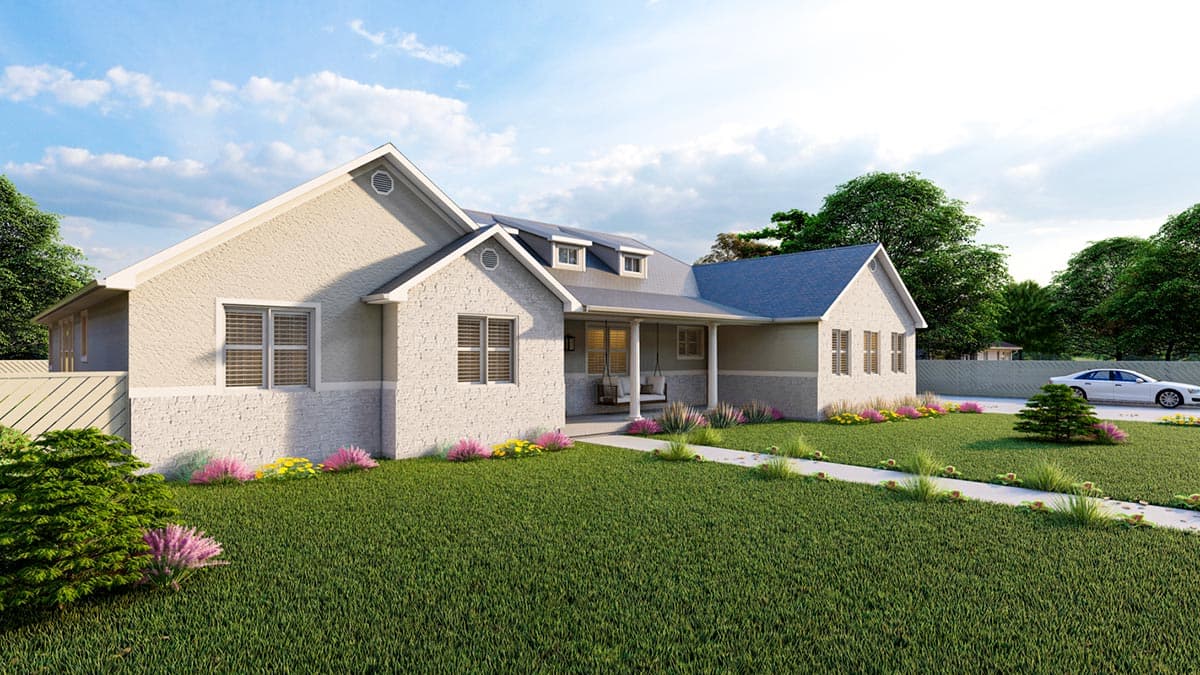 House plan exterior rendering: One-story Modern Farmhouse with gabled front, covered porch with swings, and dormer windows.