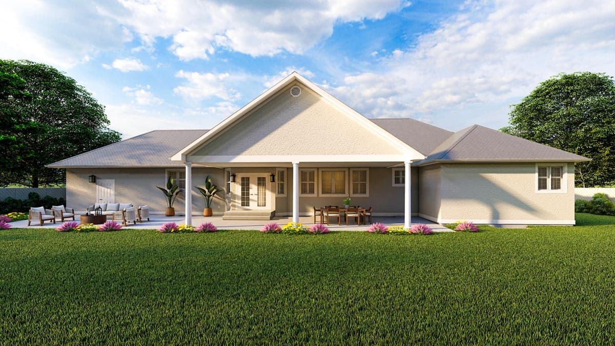 House plan exterior: Ranch style, single story, with covered patio, gabled entryway, and multiple windows.