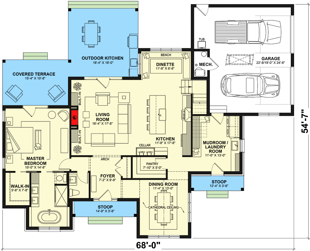 Plan 22646DR: New American Country Home Plan Under 2600 Square Feet with Upstairs Family Room - Floor Plan - Main Level - Country, Craftsman, New American, Northwest, Traditional