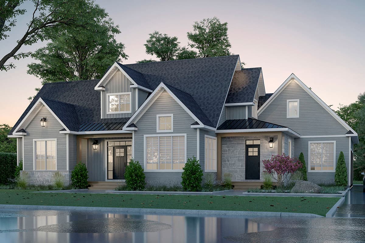 House plan exterior. Two-story, Craftsman-style home with multiple gables, stone accents, and a covered porch with supporting columns.