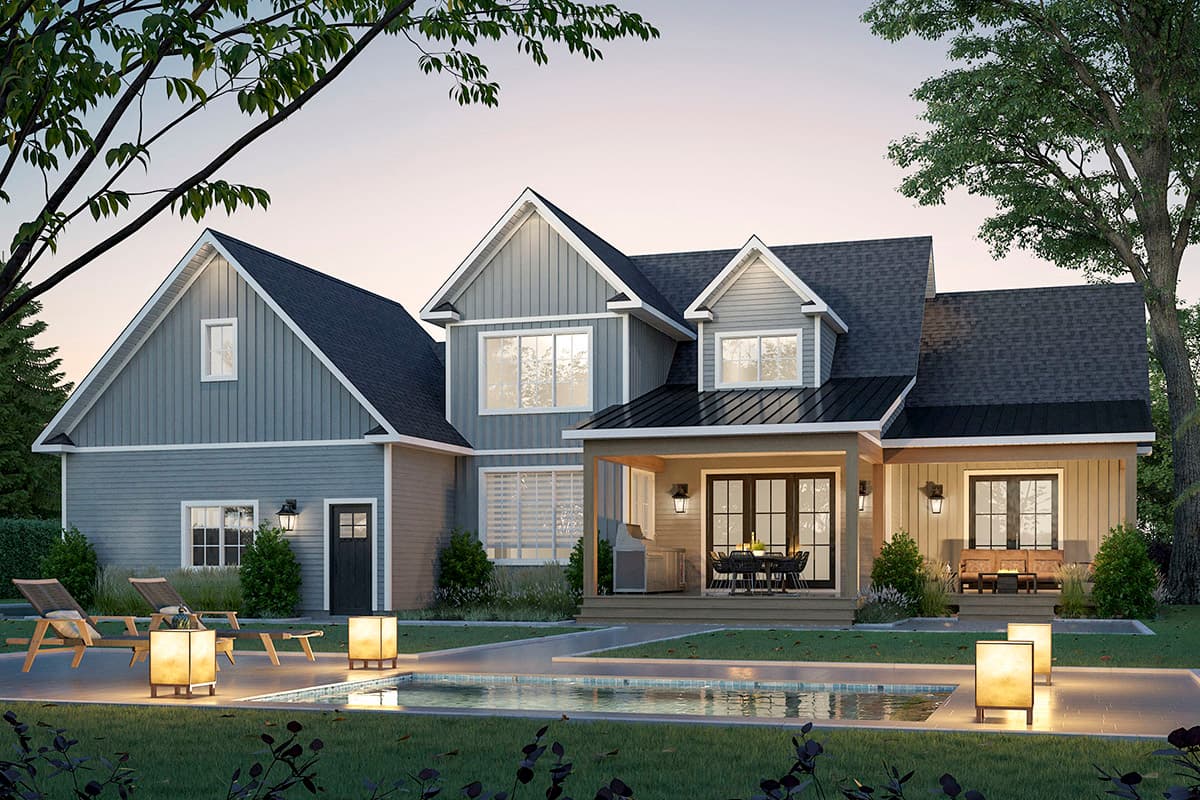 Modern Farmhouse style house plan exterior with two stories, gables, dormers, a covered porch, and attached garage.