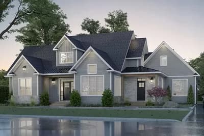 New American Country Home Plan Under 2600 Square Feet with Upstairs Family Room