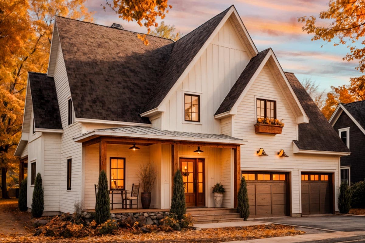 House plan exterior in farmhouse style. Two-story home with a gabled roof, covered porch with exposed beams, and attached garage with two bays.