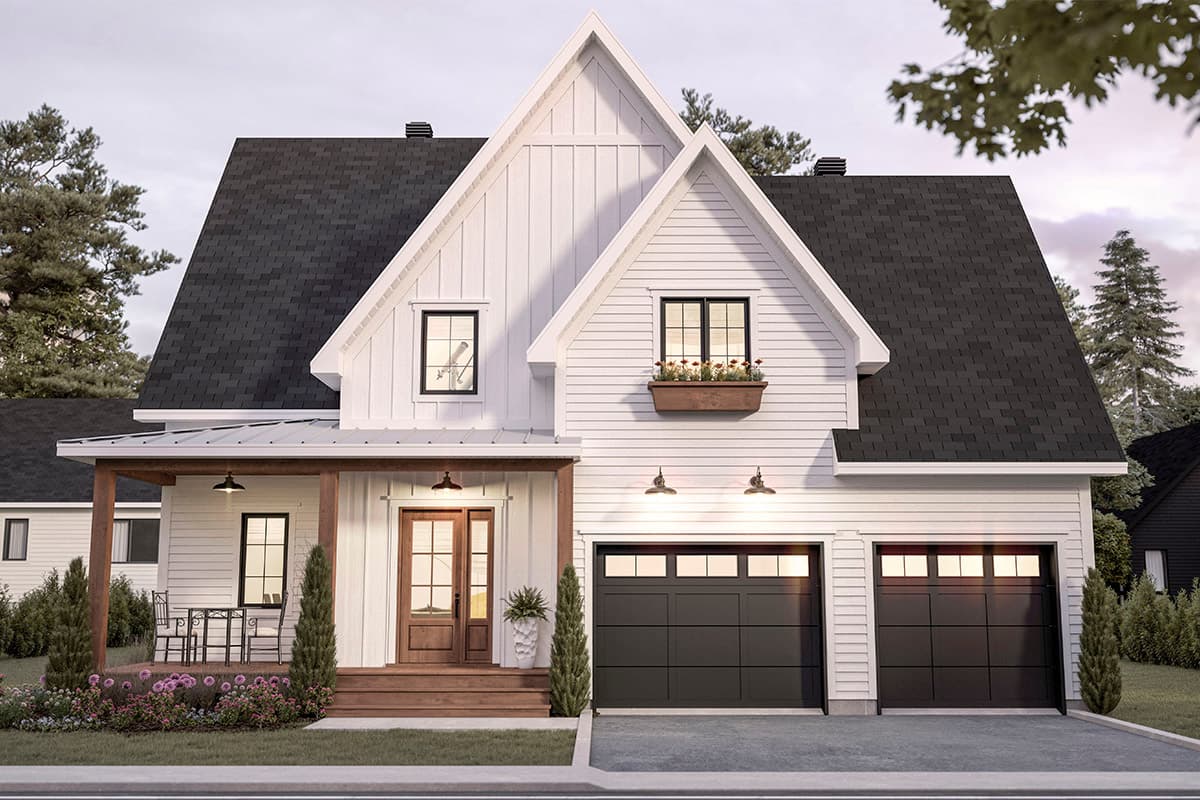 Modern Farmhouse house plan exterior with a covered porch, two garage doors, and prominent gables.