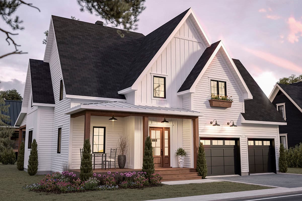 Modern Farmhouse style house plan exterior with a covered front porch, double garage, and multiple gables.