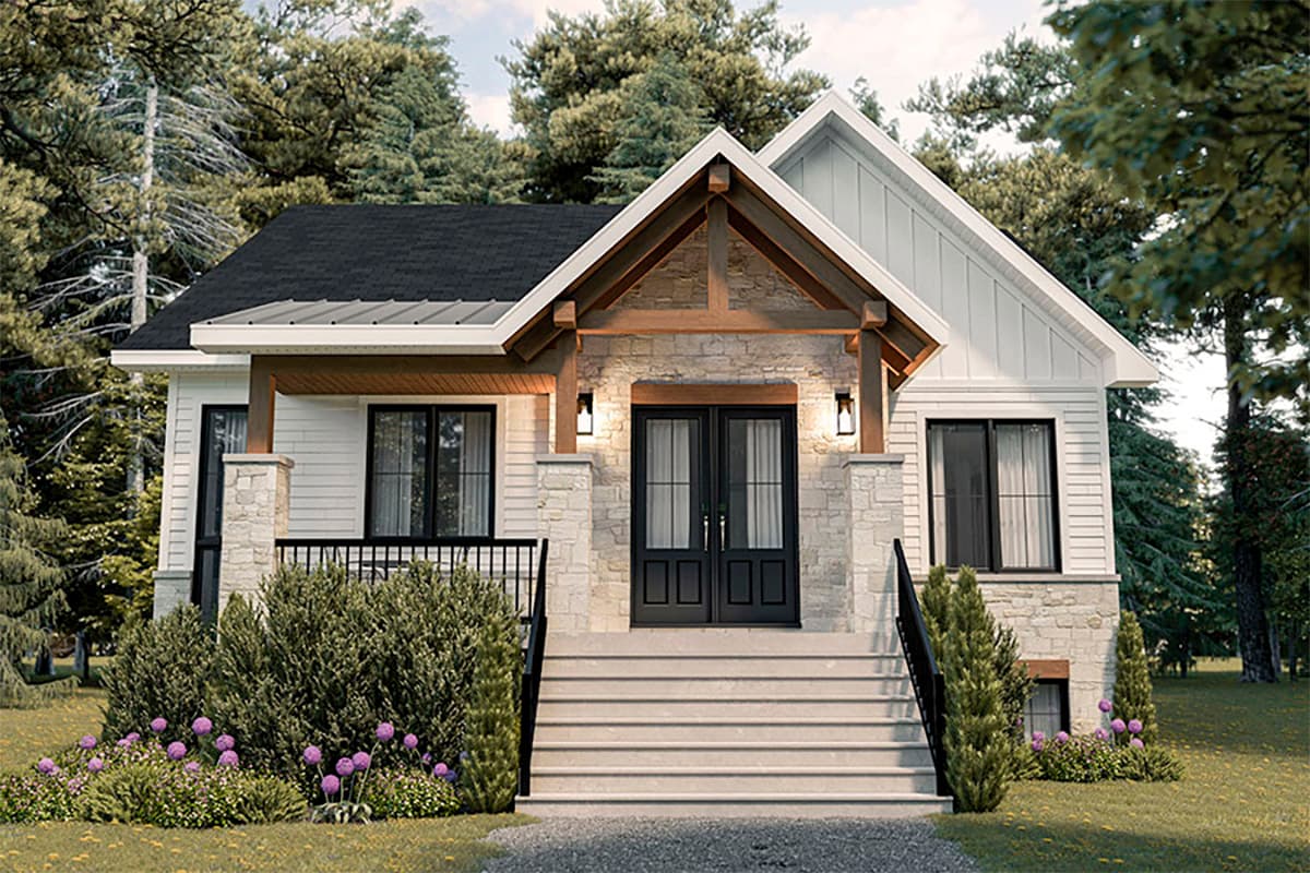 House plan exterior. Craftsman style, one story home with a front porch, stone facade, and gable roof. Features include black trim and double doors.