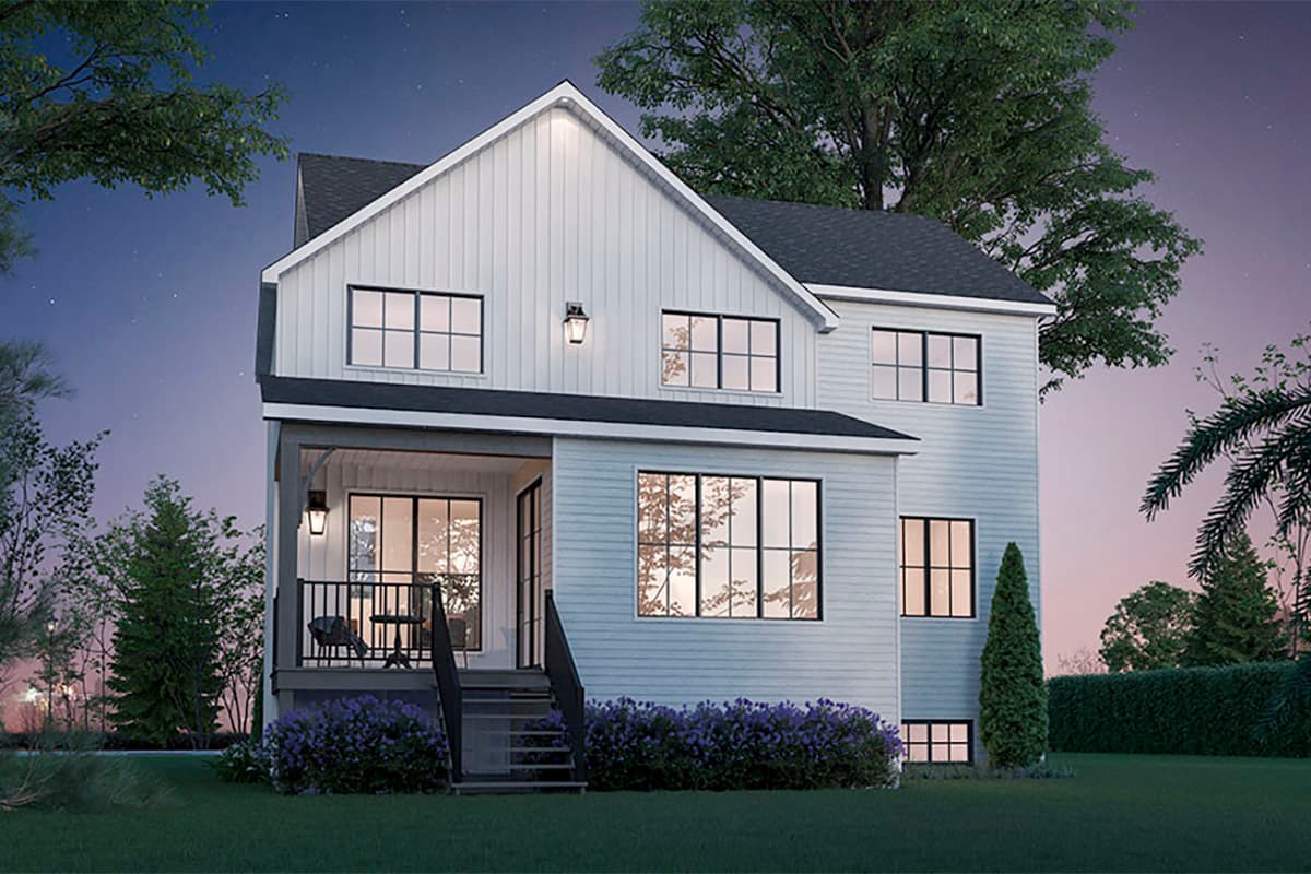 House plan exterior: two-story Modern Farmhouse with a covered front porch, gables, and numerous multi-pane windows.