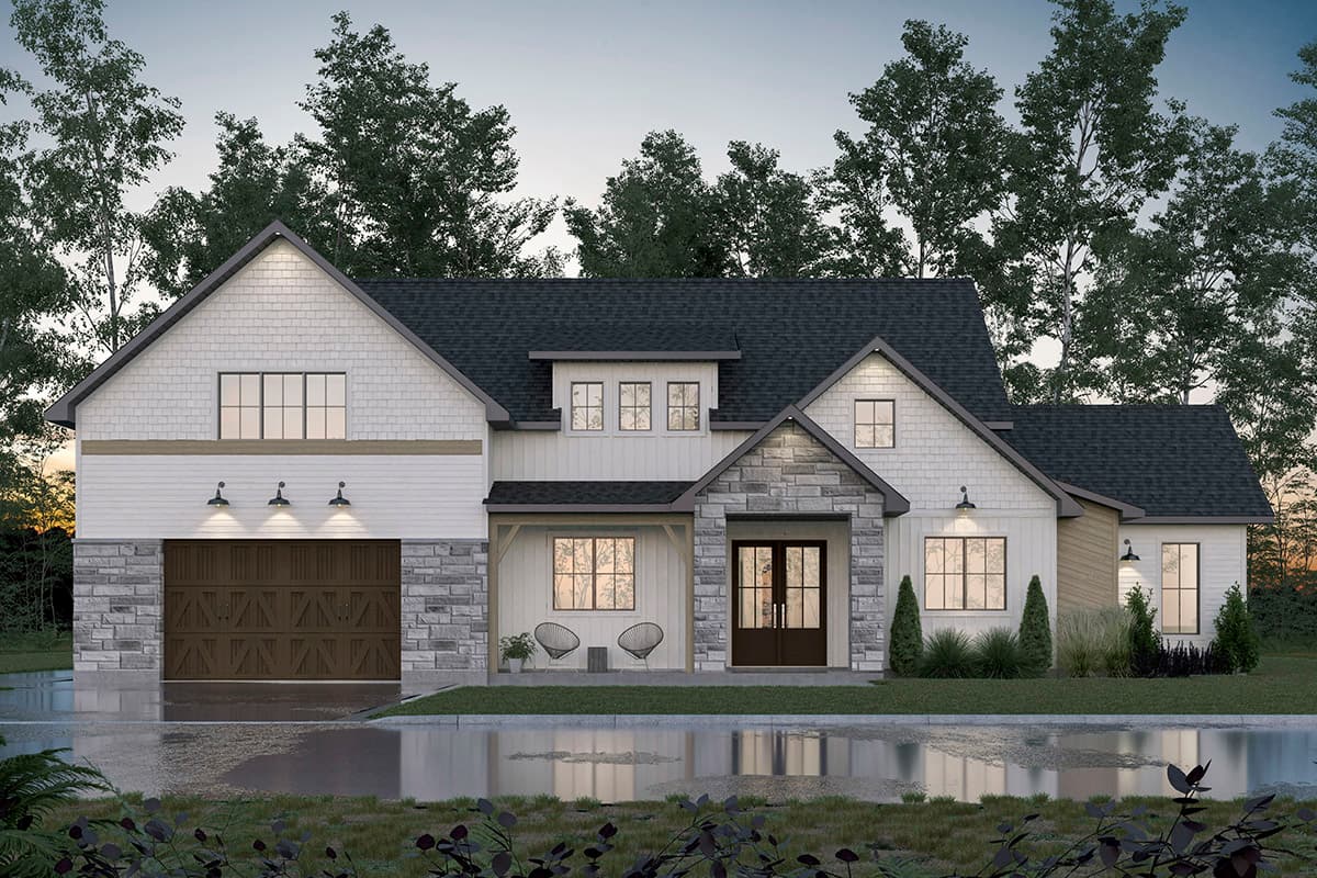 House plan exterior. Modern Farmhouse style with two stories, gabled rooflines, stone facade accents, and a front-entry garage.