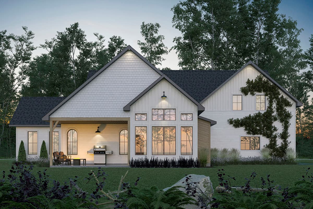 Modern Farmhouse house plan exterior with covered patio, large multi-pane windows, and shingle and board-and-batten siding.