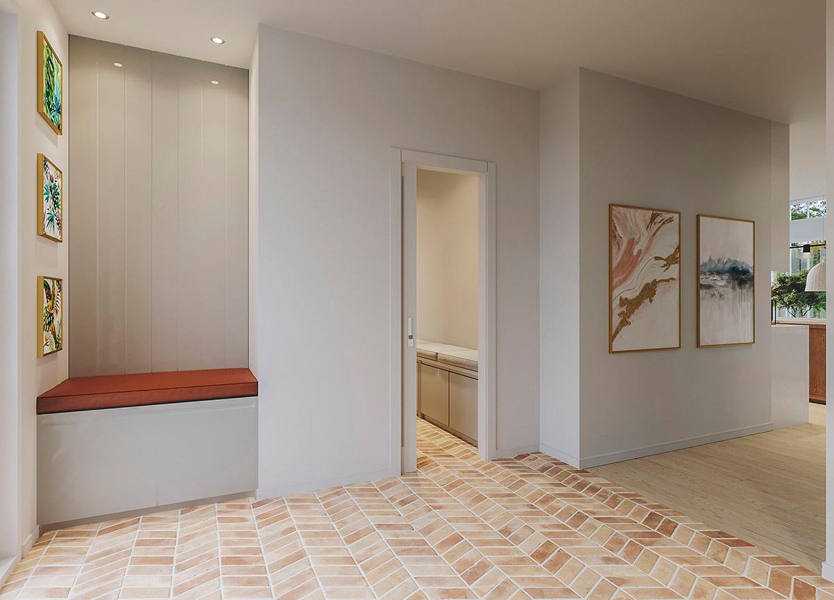 Interior rendering of a hallway with herringbone tile floor, built-in bench, and artwork.