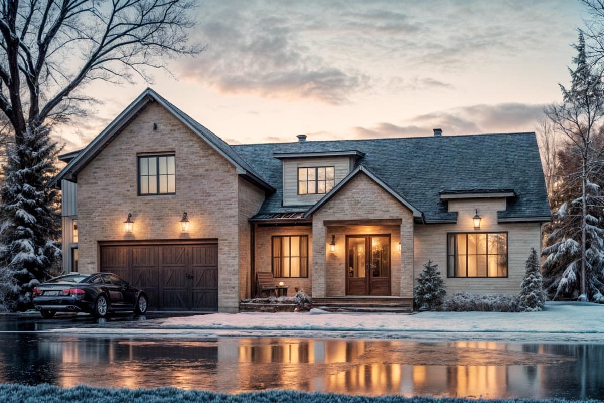 House plan exterior. Two-story home with a gabled roof, brick facade, dormer, and attached garage. Includes front porch and exterior sconces.