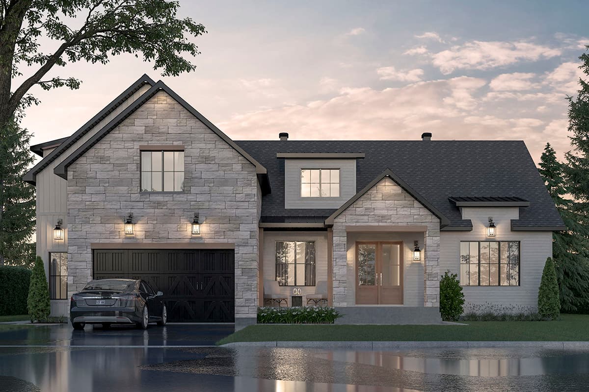 Modern Farmhouse house plan exterior with stone siding, large gables, dormer, and two-car garage.