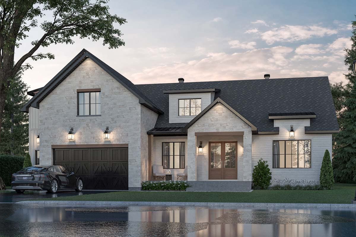 Modern Farmhouse house plan exterior with stone and board and batten siding, gabled roof, dormer, and attached garage.