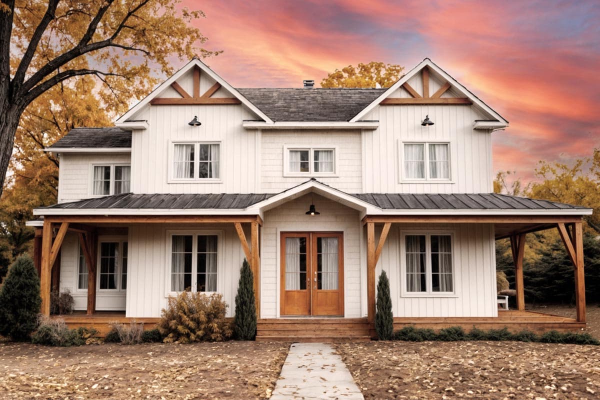 House plan exterior: Two-story Modern Farmhouse with a gabled roof, a covered front porch with exposed beams, and multiple dormers.