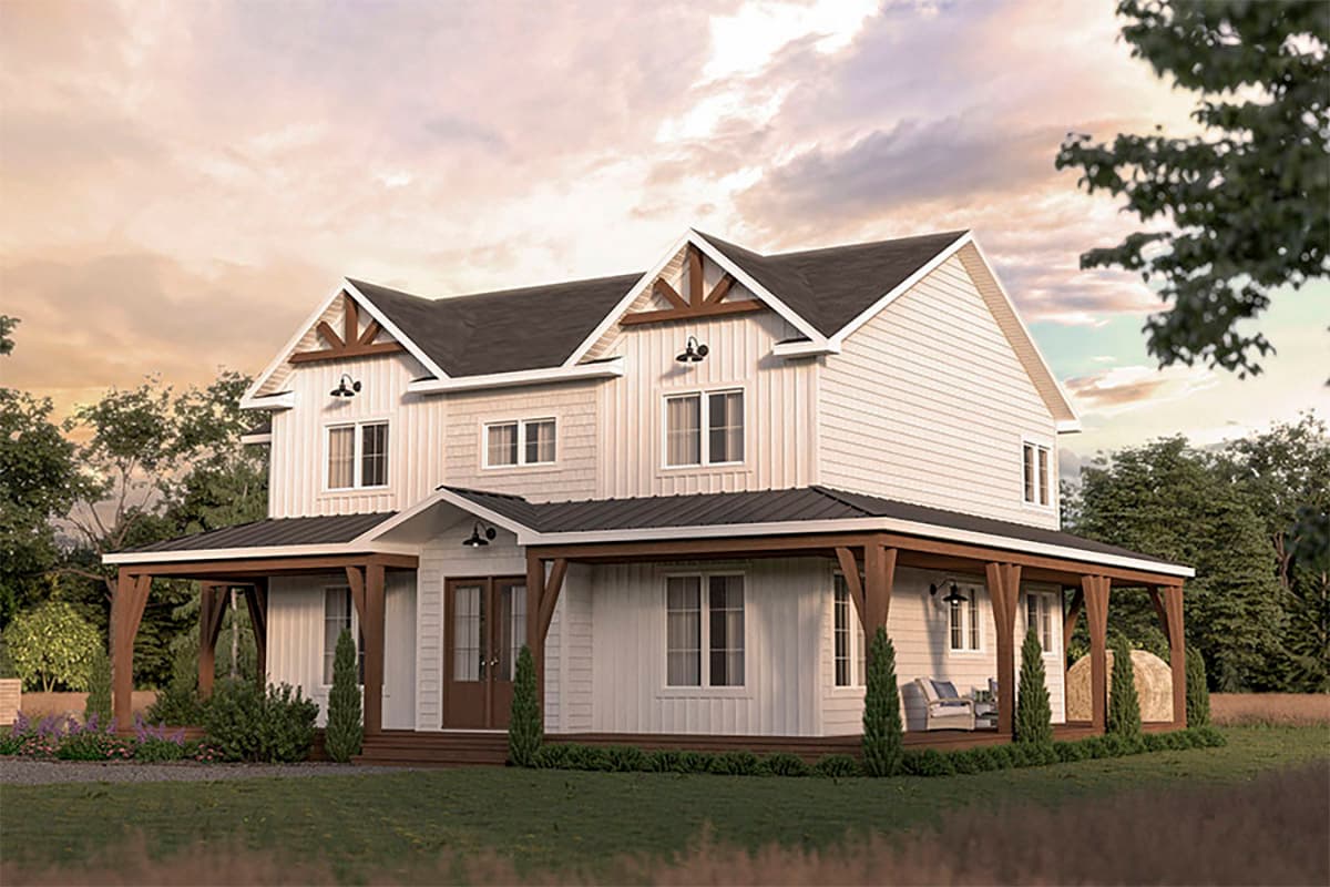 House plan exterior: two-story Modern Farmhouse with a wraparound porch, gabled dormers, and exposed rafter tails.