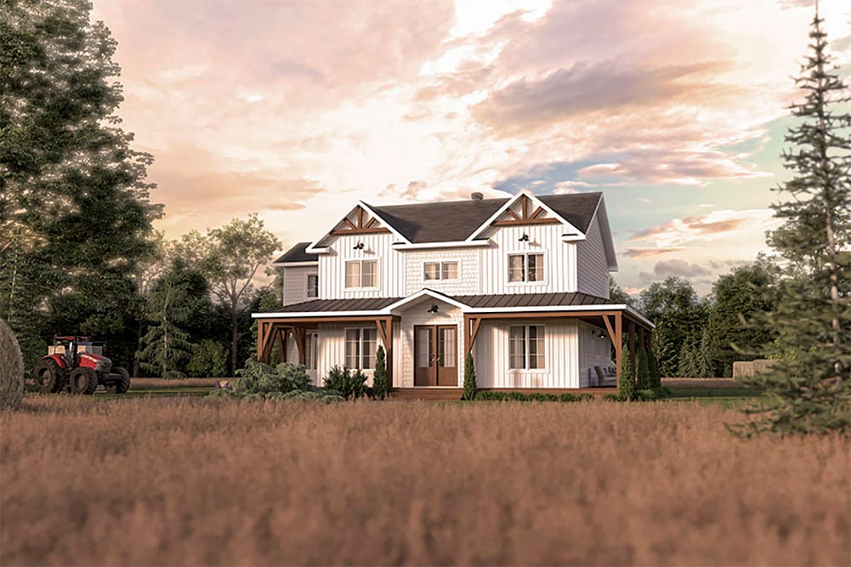 Modern Farmhouse house plan exterior, two stories, with gables, exposed rafters, and covered front porches.