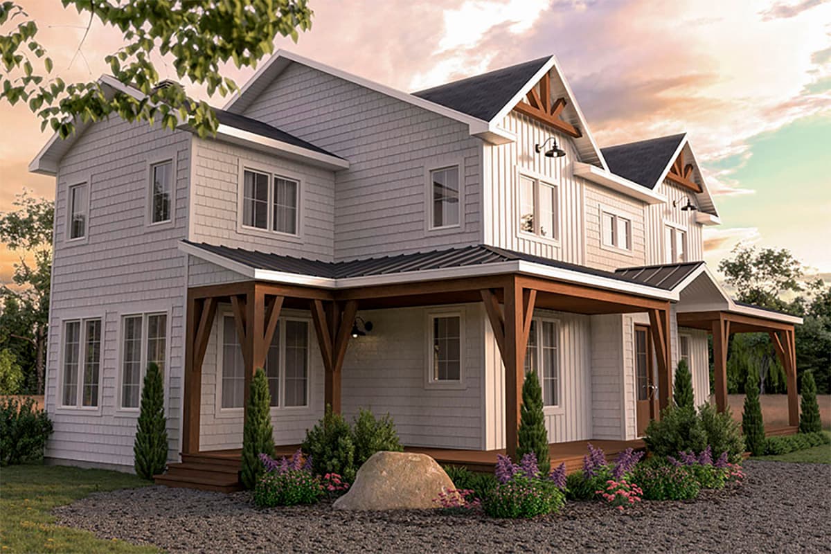 Two-story Modern Farmhouse exterior with a wraparound porch, decorative gables, and board-and-batten siding.