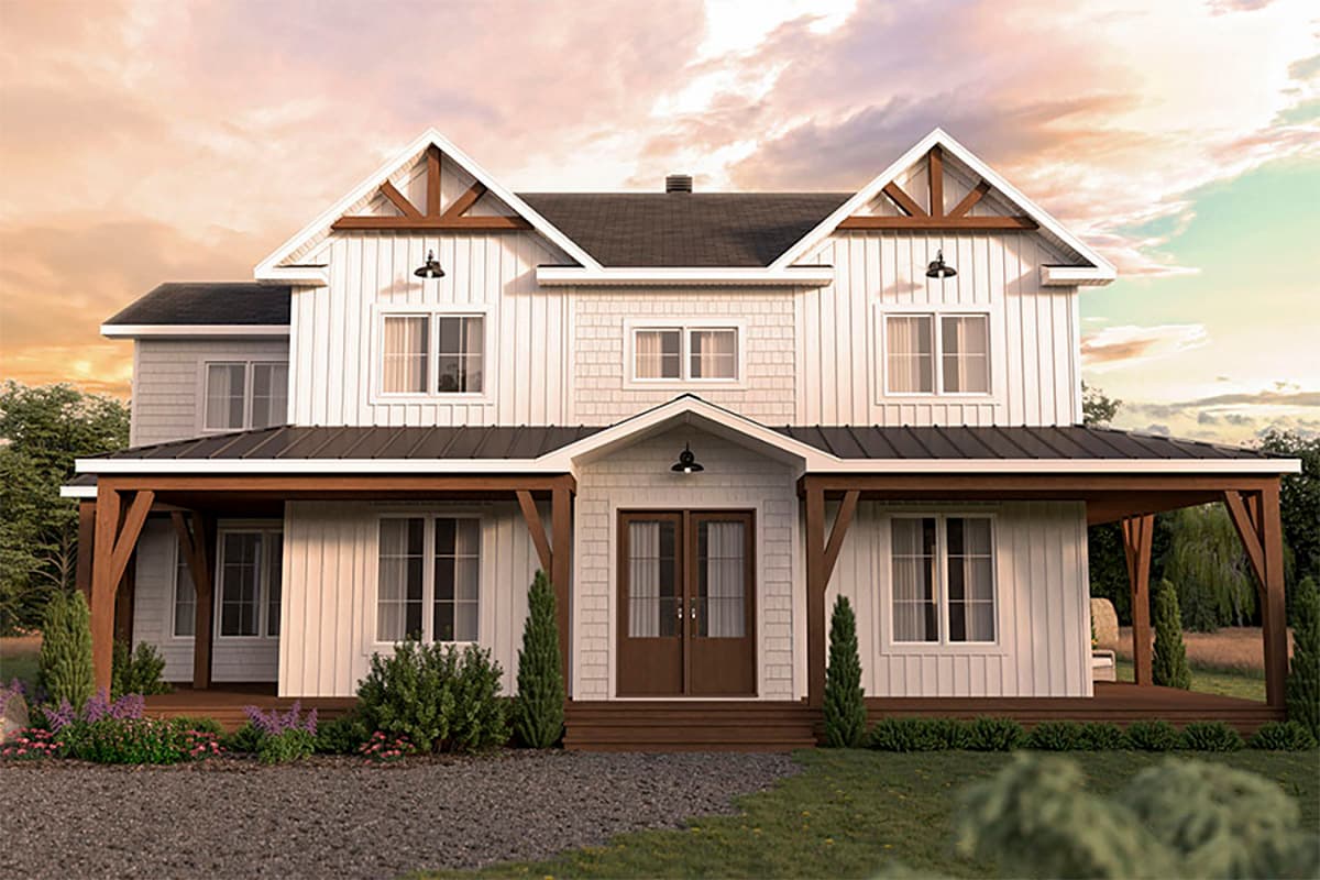 Modern Farmhouse style house plan exterior, two stories, white board and batten siding, gabled dormers, covered porches with exposed wood beams.