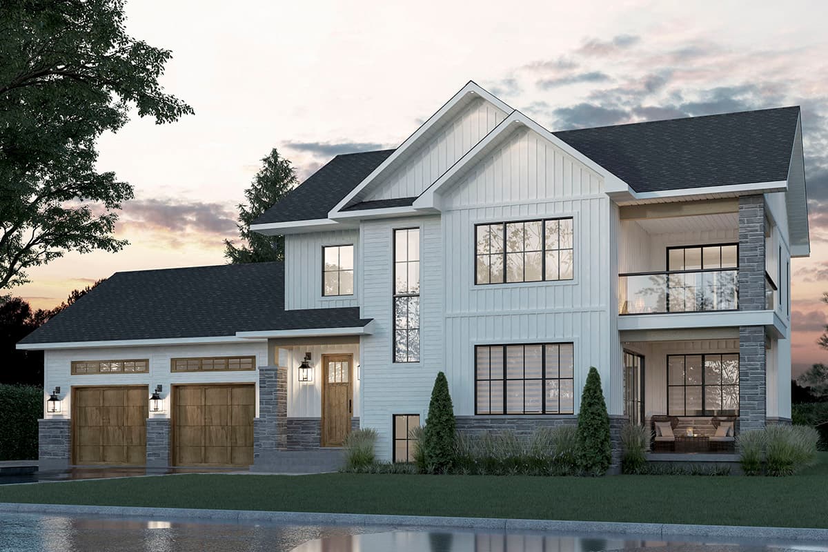 House plan exterior. Two-story Modern Farmhouse with a gabled roof, board and batten siding, a covered balcony, and a two-car garage.