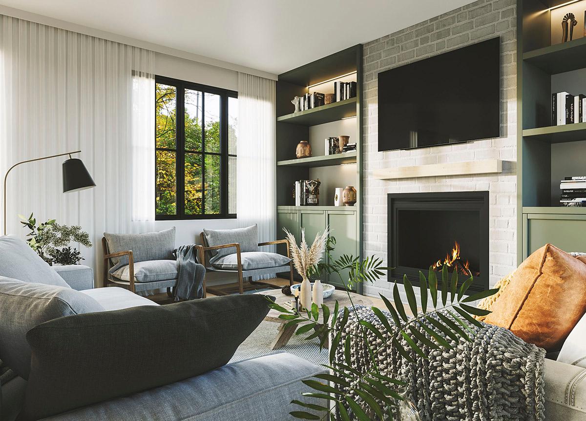 Living room with fireplace, built-in shelving, and large window. Modern design with neutral tones and green cabinetry.