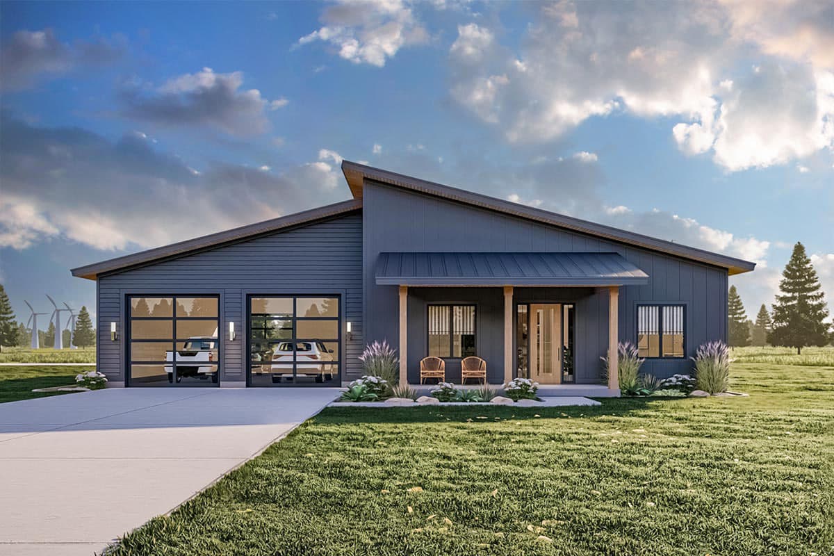 House plan exterior with modern style, one story, two-car garage with glass doors, shed roof, and covered porch with exposed columns.