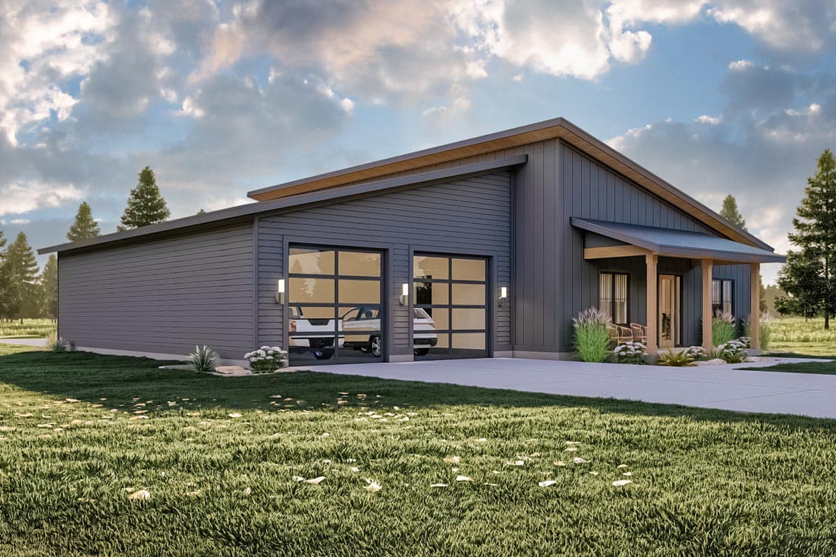 Modern house plan exterior with a sloping roof, covered porch, and two glass garage doors.