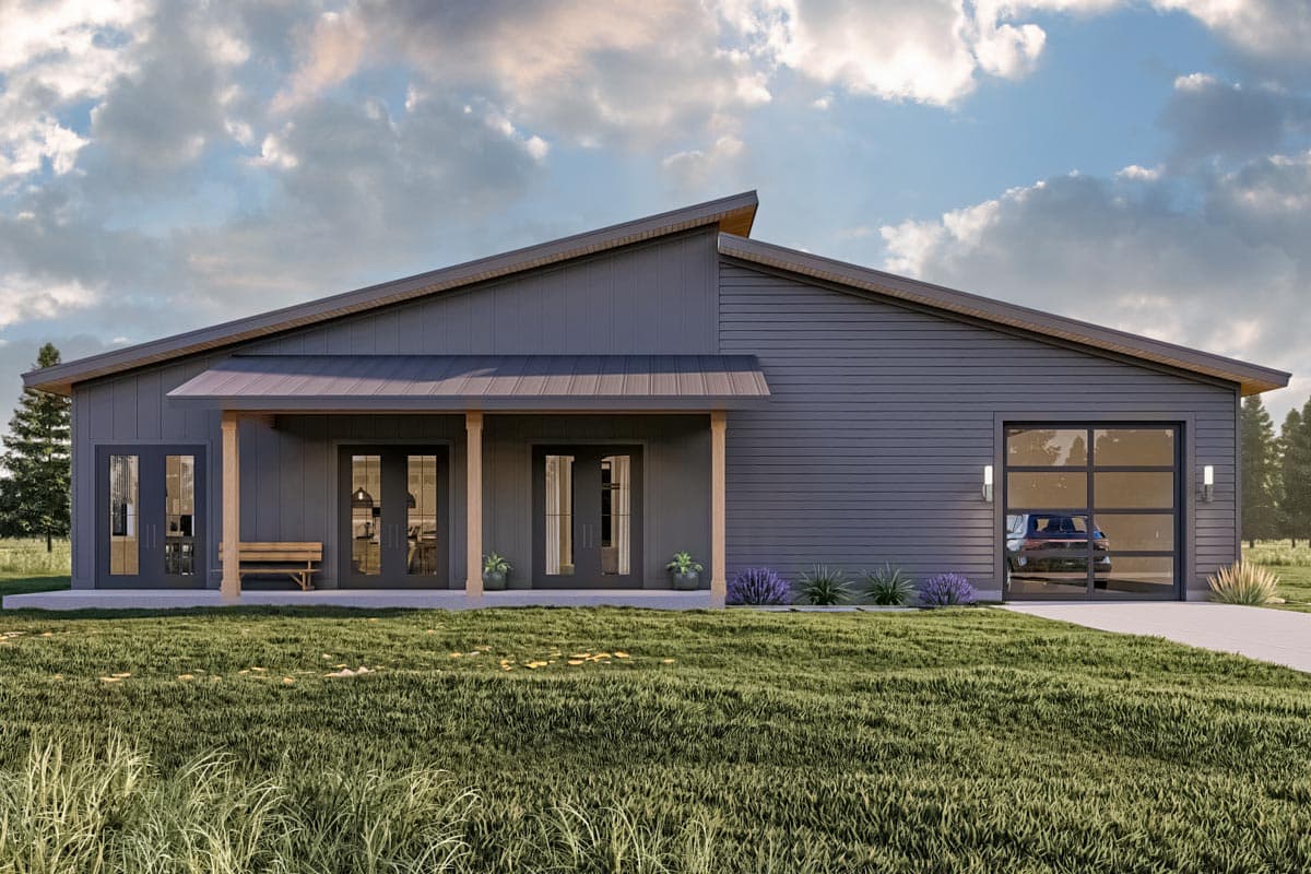 Modern house plan exterior with a low-sloped roof, covered porch with wood columns, and a glass garage door.