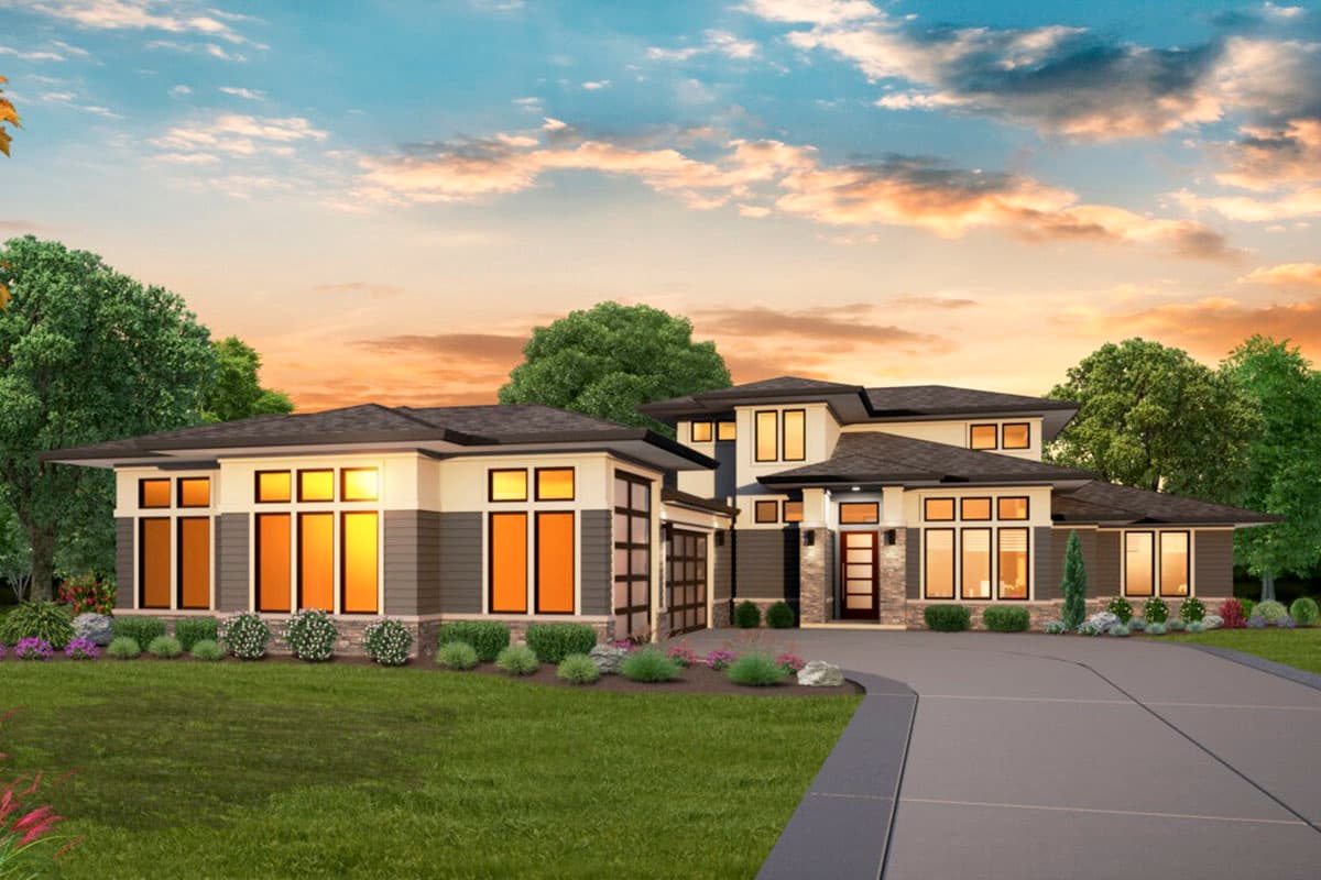 House plan exterior. Modern style, two-story home with flat rooflines, large windows, and an attached garage.